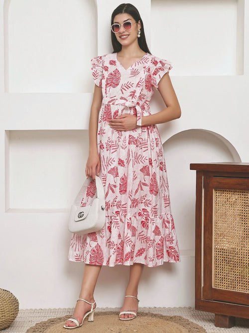 Frempy Women Fit and Flare Red Floral Printed Maxi/Full Length Dress