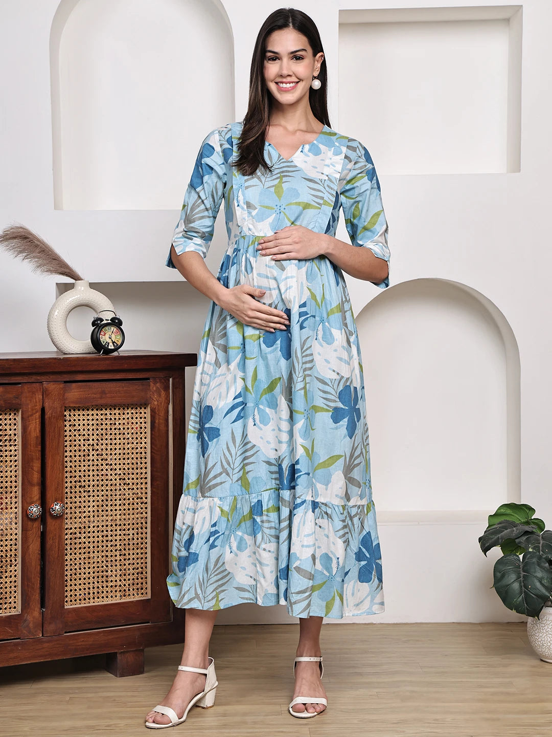 Frempy Women Fit and Flare Light Blue Floral Printed Maxi/Full Length Dress