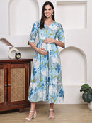 Frempy Women Fit and Flare Light Blue Floral Printed Maxi/Full Length Dress