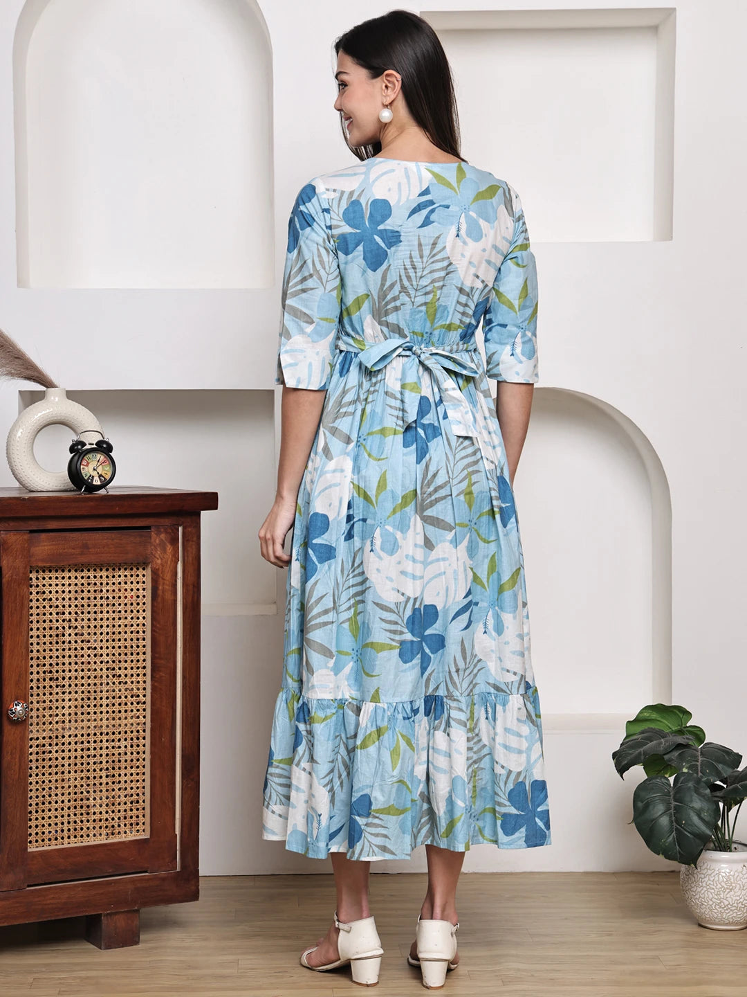 Frempy Women Fit and Flare Light Blue Floral Printed Maxi/Full Length Dress