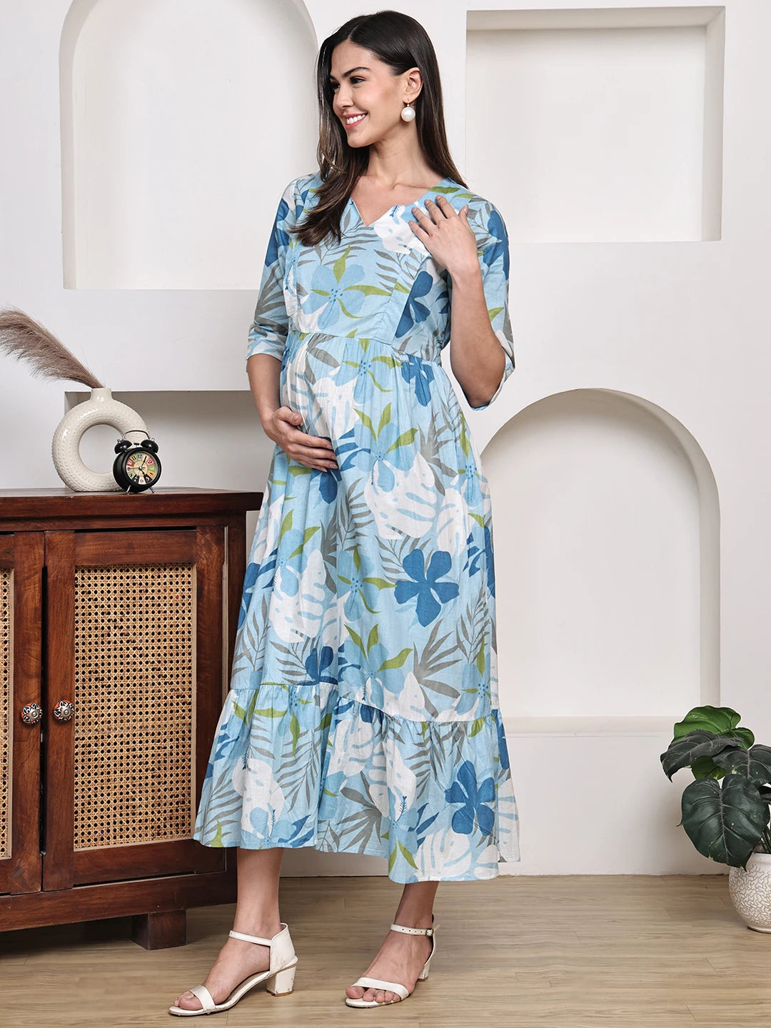 Frempy Women Fit and Flare Light Blue Floral Printed Maxi/Full Length Dress