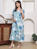 Frempy Women Fit and Flare Light Blue Floral Printed Maxi/Full Length Dress