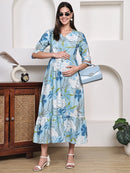 Frempy Women Fit and Flare Light Blue Floral Printed Maxi/Full Length Dress