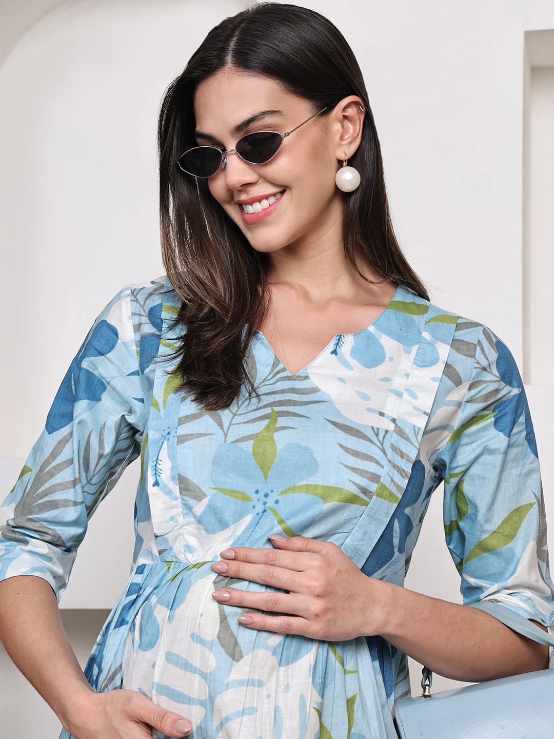 Frempy Women Fit and Flare Light Blue Floral Printed Maxi/Full Length Dress