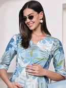 Frempy Women Fit and Flare Light Blue Floral Printed Maxi/Full Length Dress