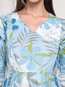 Frempy Women Fit and Flare Light Blue Floral Printed Maxi/Full Length Dress
