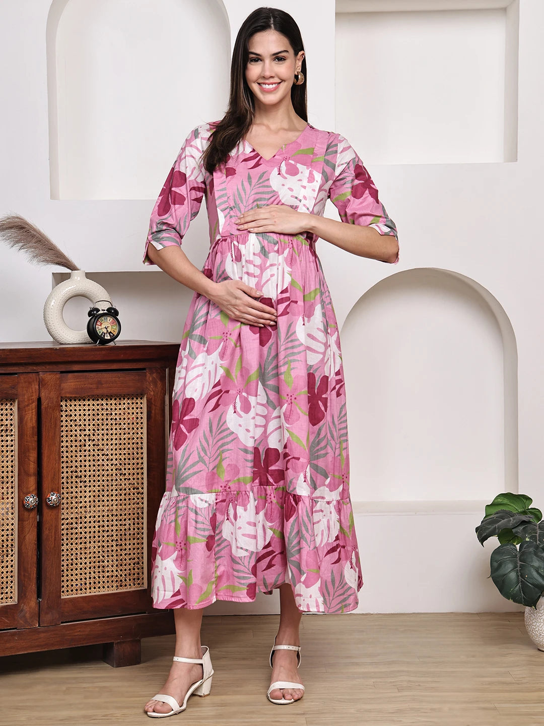 Frempy Women Fit and Flare Pink Floral Printed Maxi/Full Length Dress
