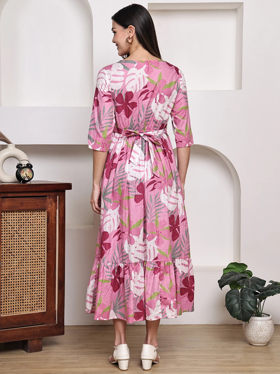 Frempy Women Fit and Flare Pink Floral Printed Maxi/Full Length Dress
