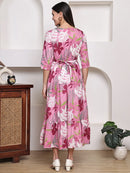 Frempy Women Fit and Flare Pink Floral Printed Maxi/Full Length Dress