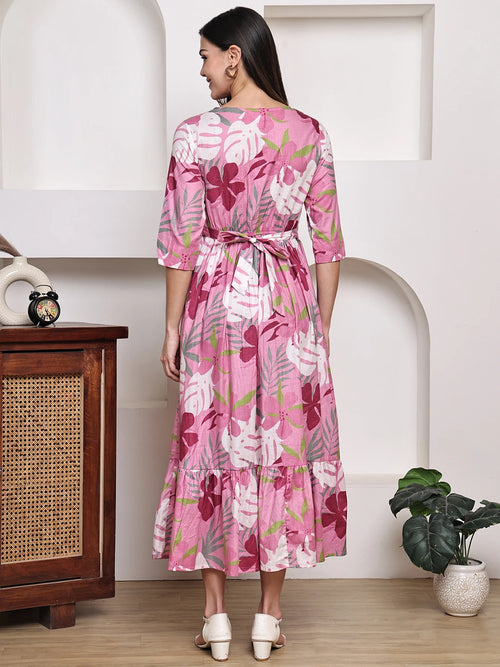 Frempy Women Fit and Flare Pink Floral Printed Maxi/Full Length Dress