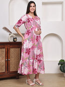 Frempy Women Fit and Flare Pink Floral Printed Maxi/Full Length Dress