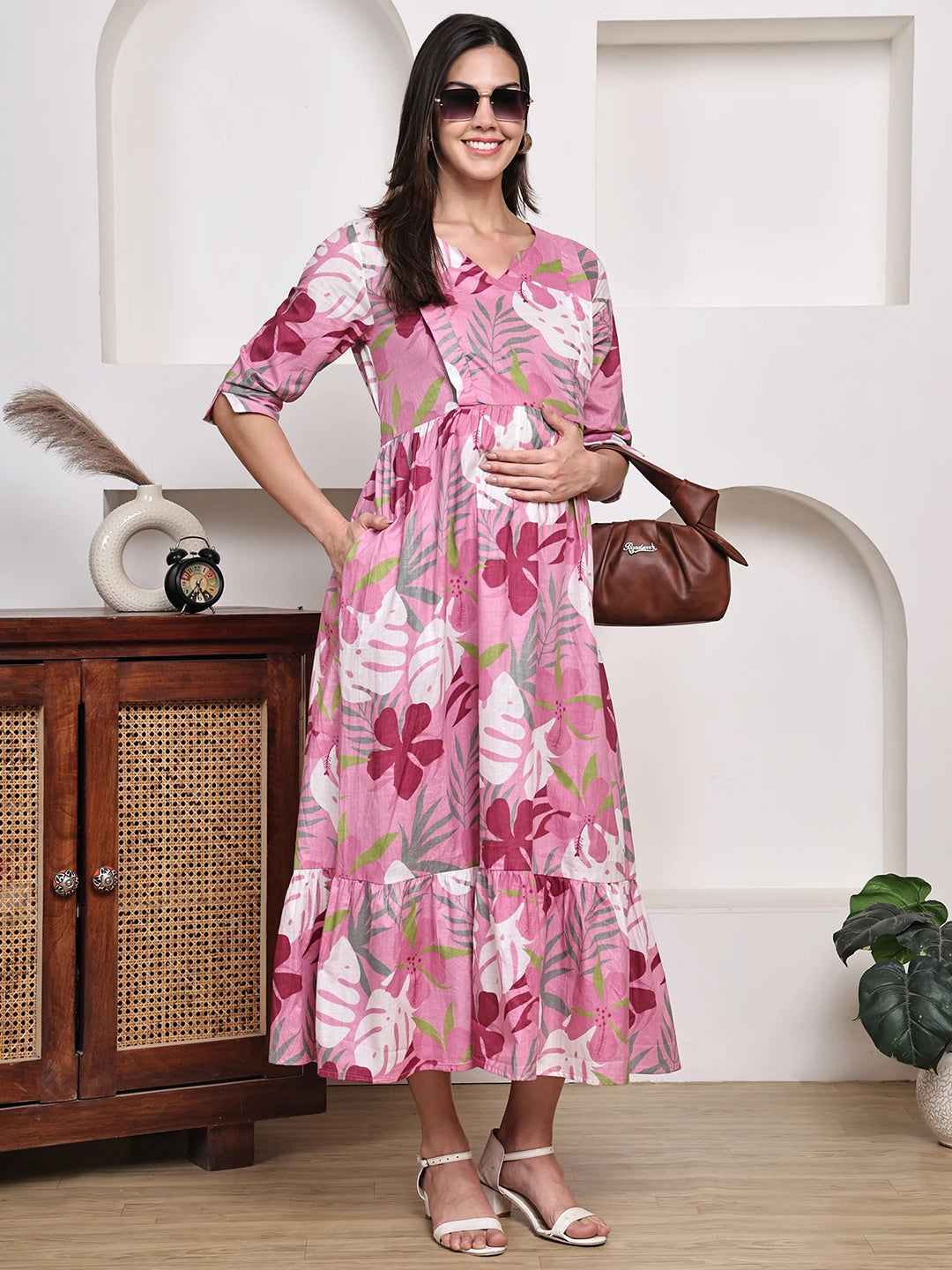 Frempy Women Fit and Flare Pink Floral Printed Maxi/Full Length Dress
