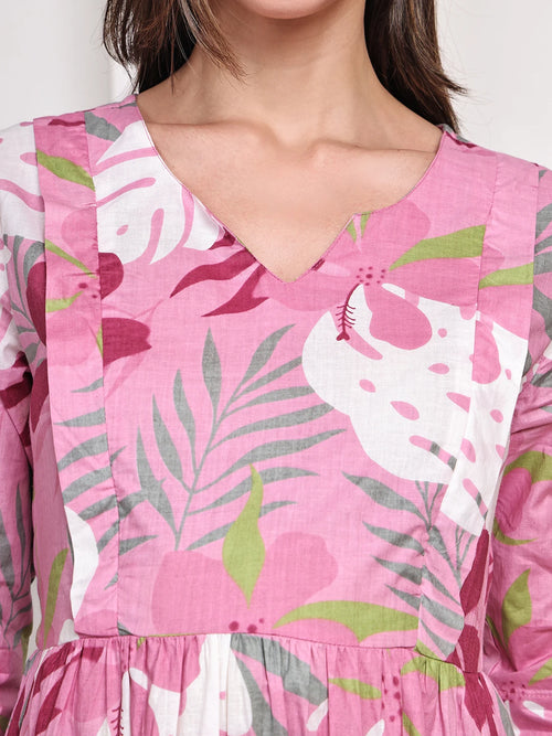 Frempy Women Fit and Flare Pink Floral Printed Maxi/Full Length Dress