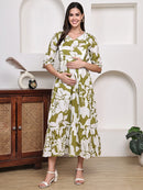 Frempy Women Fit and Flare Green Floral Printed Maxi/Full Length Dress