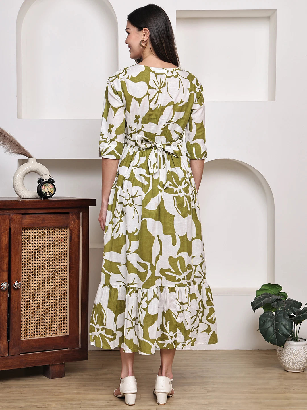 Frempy Women Fit and Flare Green Floral Printed Maxi/Full Length Dress
