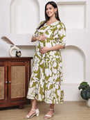Frempy Women Fit and Flare Green Floral Printed Maxi/Full Length Dress
