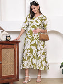 Frempy Women Fit and Flare Green Floral Printed Maxi/Full Length Dress