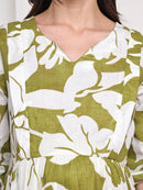 Frempy Women Fit and Flare Green Floral Printed Maxi/Full Length Dress
