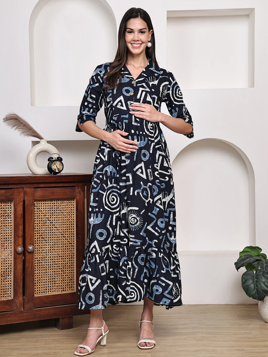 Frempy Women Fit and Flare Navy Blue Floral Printed Maxi/Full Length Dress