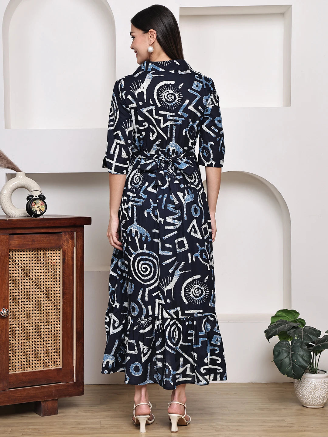 Frempy Women Fit and Flare Navy Blue Floral Printed Maxi/Full Length Dress
