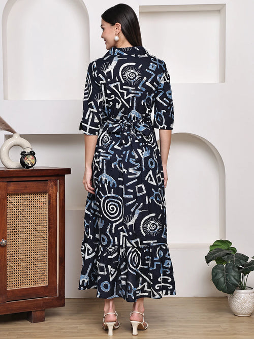 Frempy Women Fit and Flare Navy Blue Floral Printed Maxi/Full Length Dress