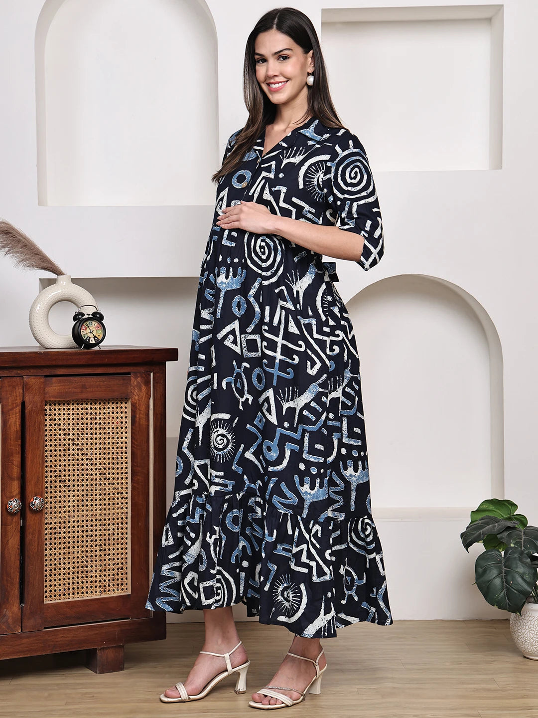 Frempy Women Fit and Flare Navy Blue Floral Printed Maxi/Full Length Dress