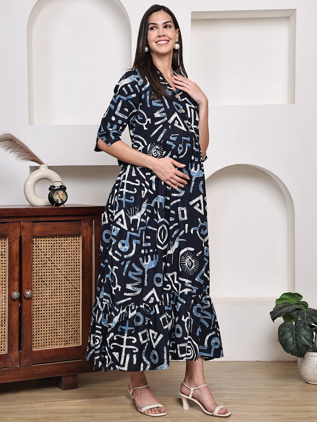 Frempy Women Fit and Flare Navy Blue Floral Printed Maxi/Full Length Dress