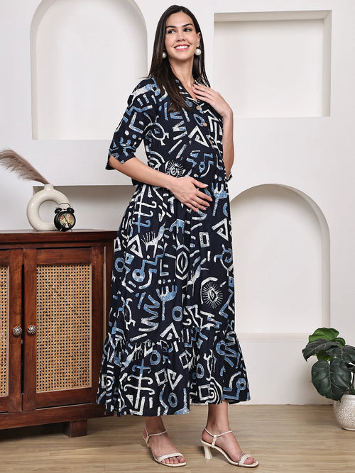 Frempy Women Fit and Flare Navy Blue Floral Printed Maxi/Full Length Dress