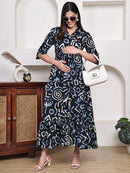 Frempy Women Fit and Flare Navy Blue Floral Printed Maxi/Full Length Dress