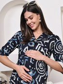 Frempy Women Fit and Flare Navy Blue Floral Printed Maxi/Full Length Dress