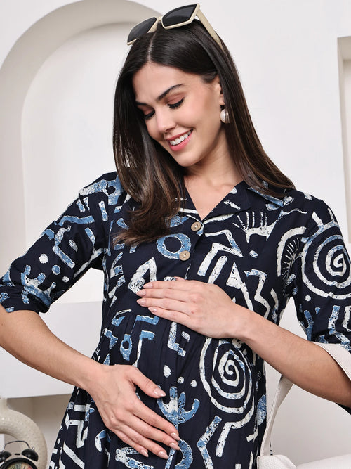 Frempy Women Fit and Flare Navy Blue Floral Printed Maxi/Full Length Dress