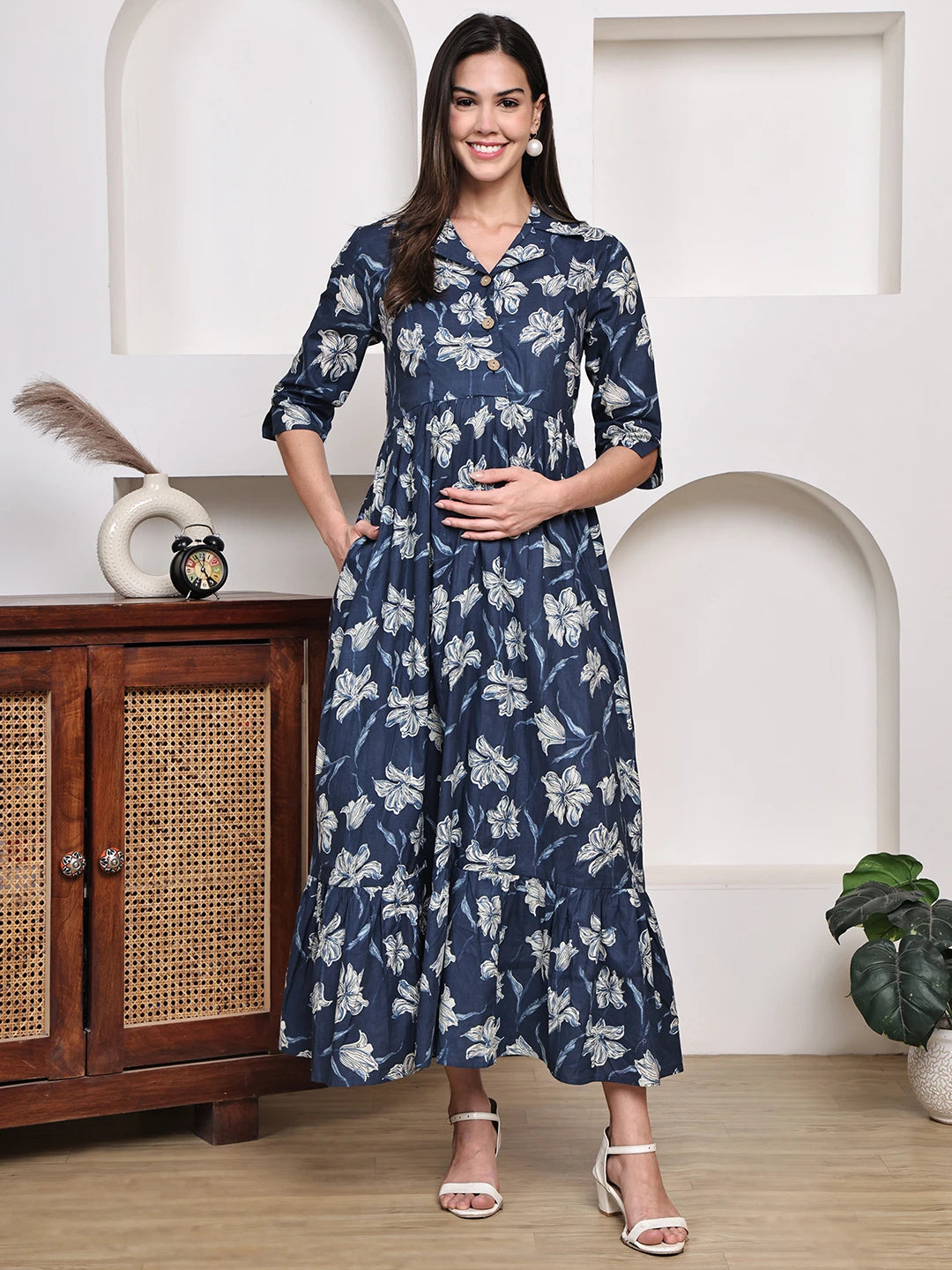 Frempy Women Fit and Flare Navy Blue Floral Printed Maxi/Full Length Dress