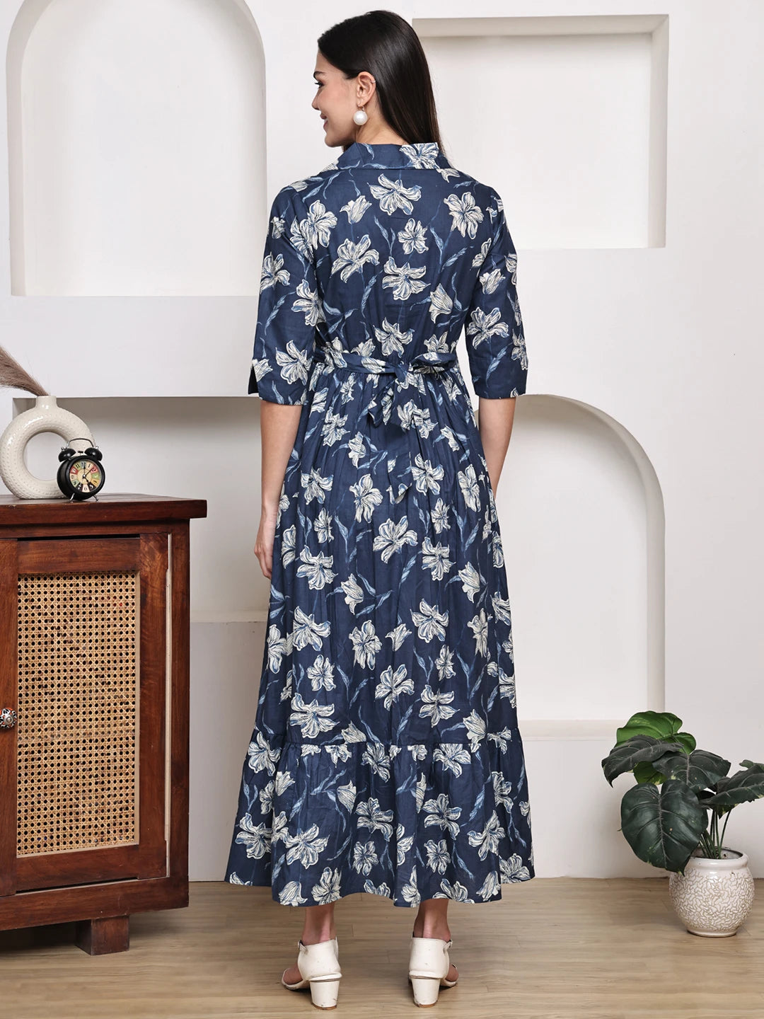 Frempy Women Fit and Flare Navy Blue Floral Printed Maxi/Full Length Dress