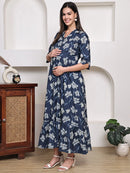Frempy Women Fit and Flare Navy Blue Floral Printed Maxi/Full Length Dress