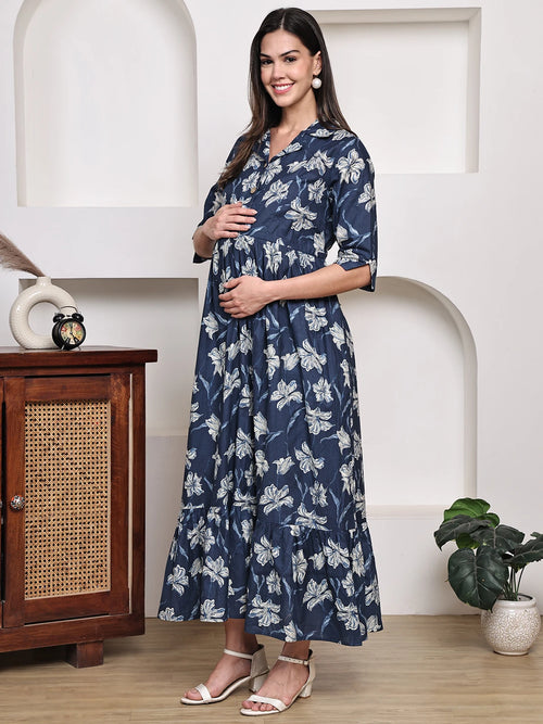 Frempy Women Fit and Flare Navy Blue Floral Printed Maxi/Full Length Dress