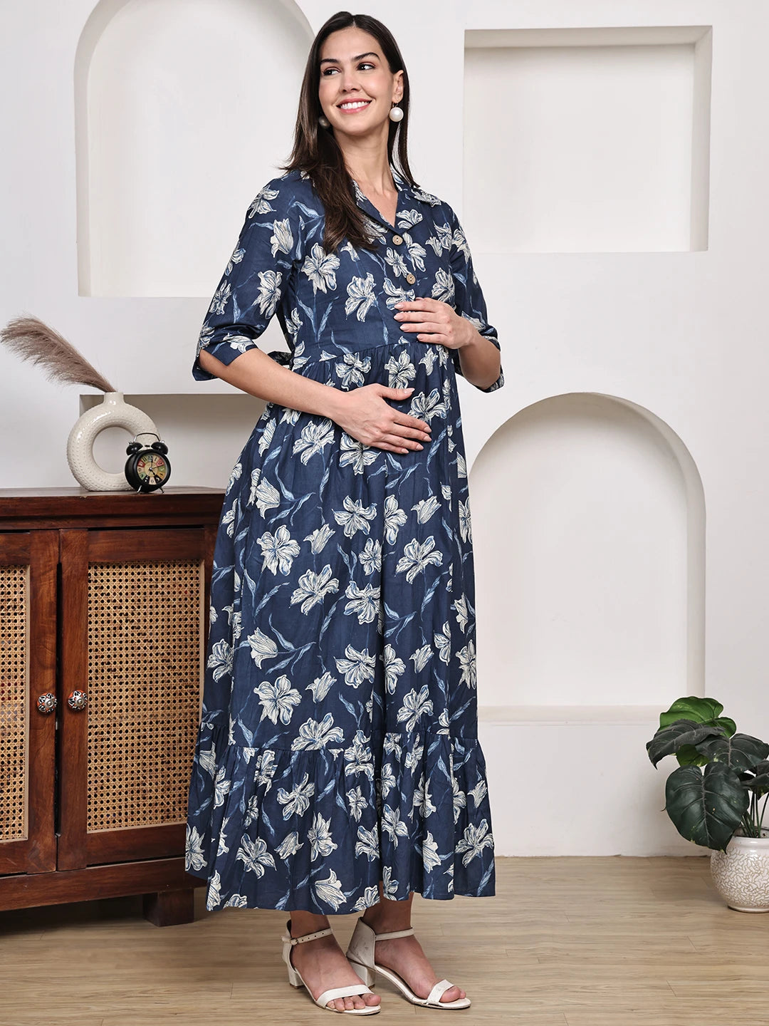 Frempy Women Fit and Flare Navy Blue Floral Printed Maxi/Full Length Dress