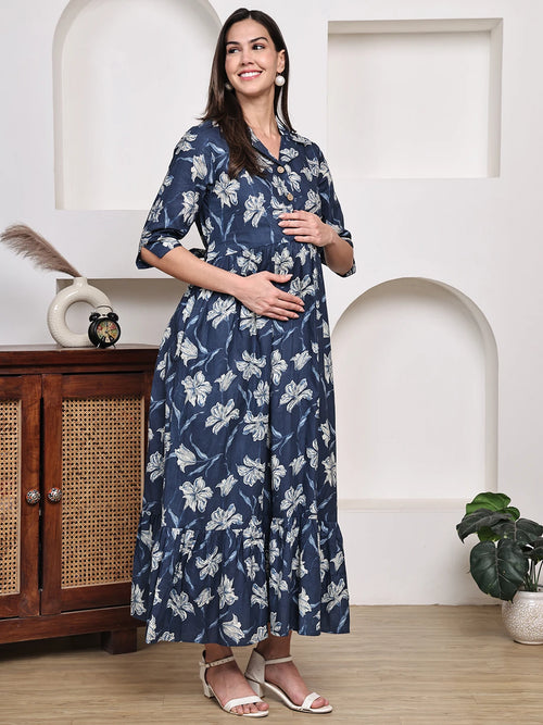 Frempy Women Fit and Flare Navy Blue Floral Printed Maxi/Full Length Dress