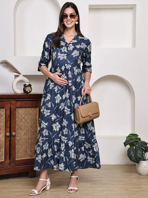 Frempy Women Fit and Flare Navy Blue Floral Printed Maxi/Full Length Dress