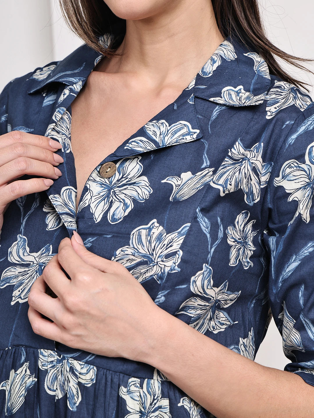 Frempy Women Fit and Flare Navy Blue Floral Printed Maxi/Full Length Dress