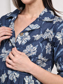 Frempy Women Fit and Flare Navy Blue Floral Printed Maxi/Full Length Dress