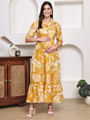 Frempy Women Fit and Flare Yellow Floral Printed Maxi/Full Length Dress