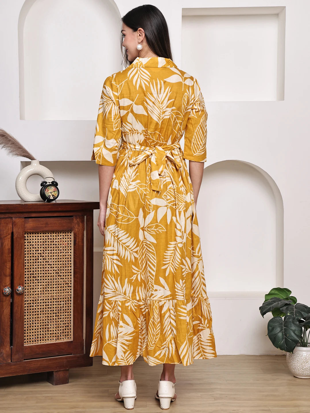 Frempy Women Fit and Flare Yellow Floral Printed Maxi/Full Length Dress