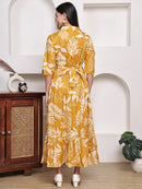 Frempy Women Fit and Flare Yellow Floral Printed Maxi/Full Length Dress