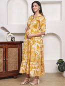 Frempy Women Fit and Flare Yellow Floral Printed Maxi/Full Length Dress