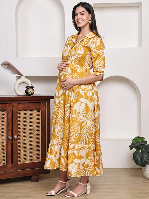 Frempy Women Fit and Flare Yellow Floral Printed Maxi/Full Length Dress