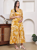 Frempy Women Fit and Flare Yellow Floral Printed Maxi/Full Length Dress