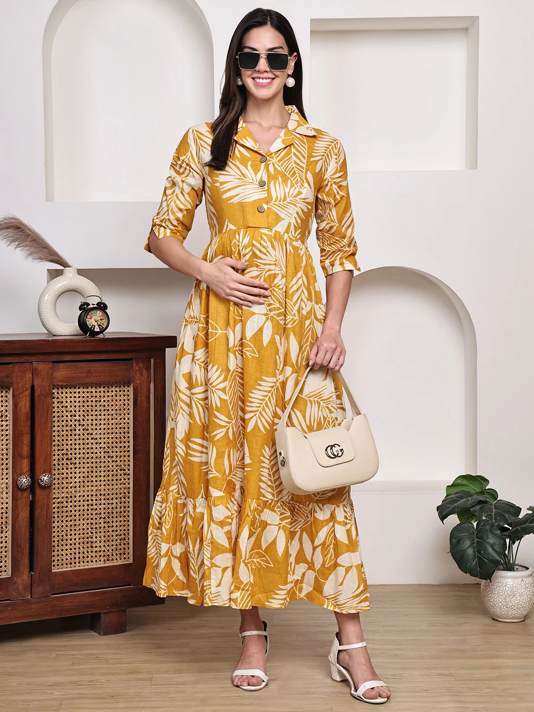 Frempy Women Fit and Flare Yellow Floral Printed Maxi/Full Length Dress