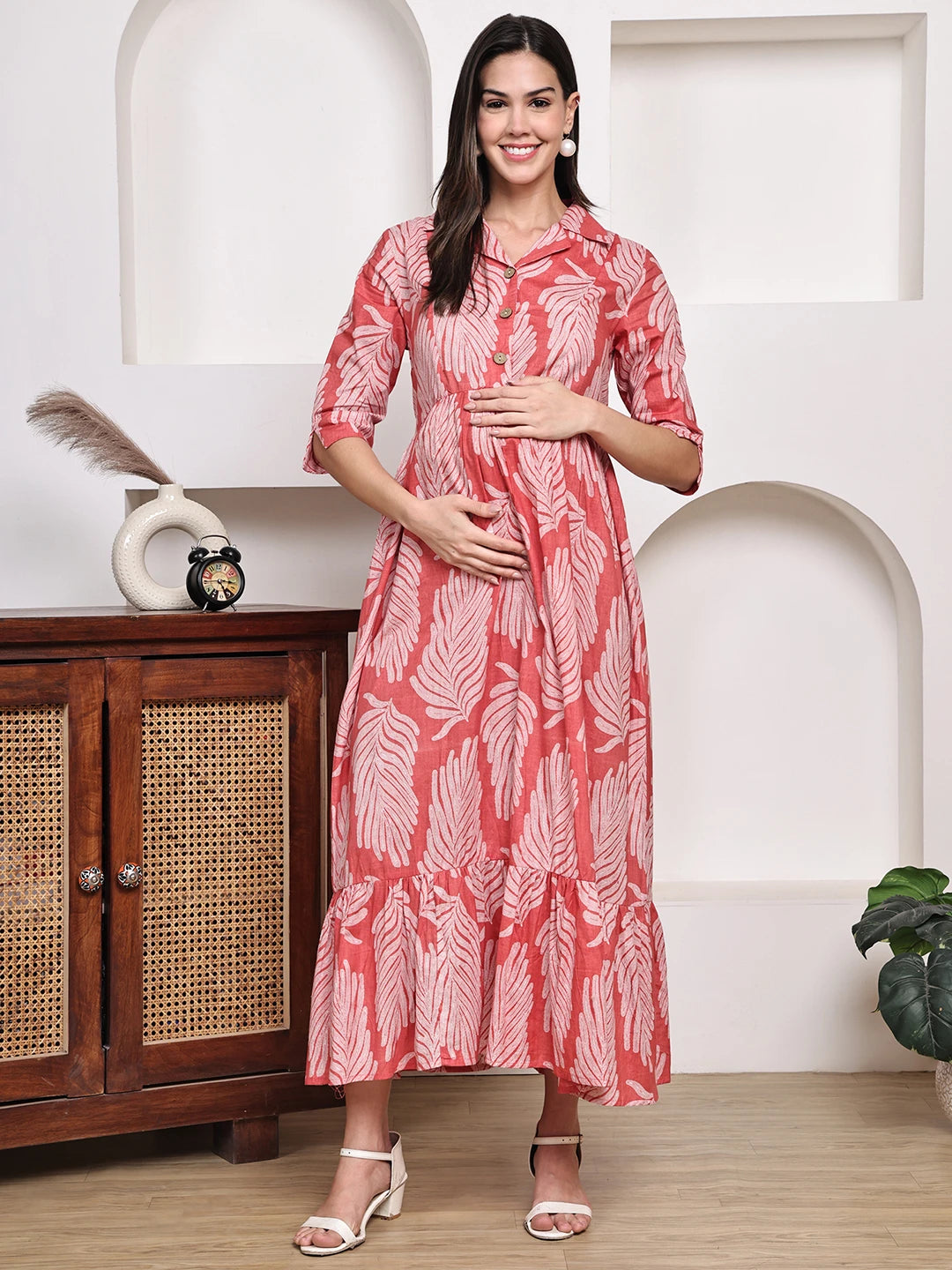 Frempy Women Fit and Flare Red Floral Printed Maxi/Full Length Dress