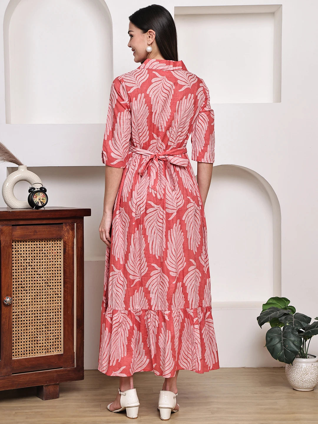 Frempy Women Fit and Flare Red Floral Printed Maxi/Full Length Dress