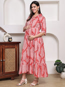 Frempy Women Fit and Flare Red Floral Printed Maxi/Full Length Dress